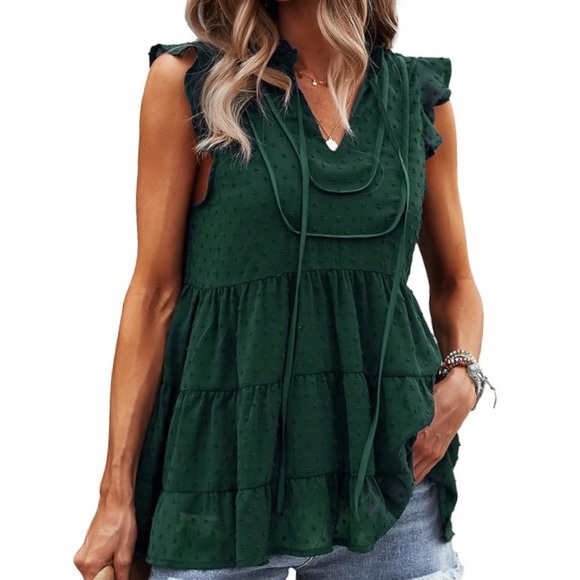 Pretty Garden Tops - Pretty Garden Green Swiss Dot Chiffon Tiered Babydoll Tunic Top, Size Medium